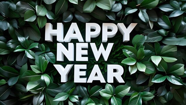 Lush green leaves forming a natural tropical background for a bold white Happy New Year text. An organic and modern concept for holiday greetings and festive celebrations.