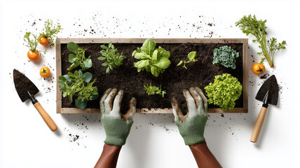 Gardening hands in soil with seedlings and tools