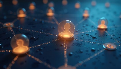 Abstract network of glowing human icons connected by lines on a dark blue surface. This digital illustration symbolizes social connections, online communication, and community building in technology.