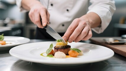 Chef meticulously plating a gourmet dish with precision and care