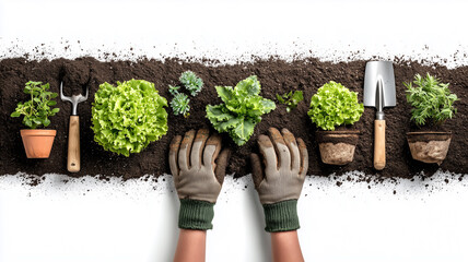 Gardening hands with plants and tools