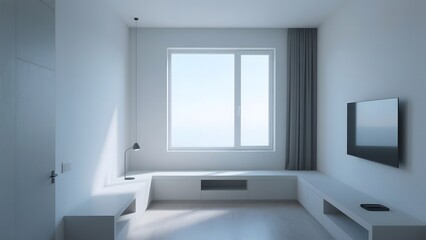 Obraz premium Minimalist Living Room with Large Window and Built-in Seating