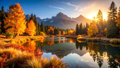 Autumnal mountain lake sunrise reflection