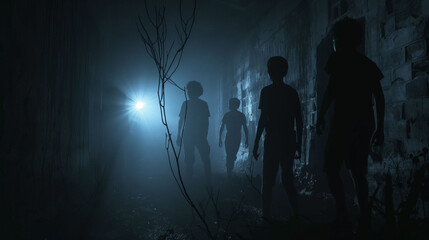 Midnight Ghost Hunt Adventure of College Students Searching for Thrills in a Paranormal Hotspot / Scary Haunted House Exploration with Frightening Supernatural Activity
