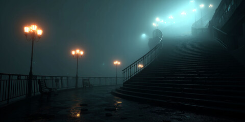 Mysterious Old Mansion Surrounded by Thick Fog with Eerie Staircase in a Haunted Atmosphere