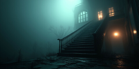 Spooky Foggy Scene of an Abandoned House and Stairway Creating a Dark Gothic Mood