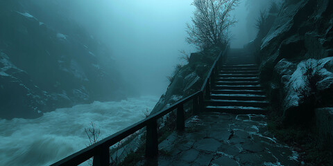 Haunted Mansion in Dense Mist with Creepy Steps and an Ominous Mysterious Feeling