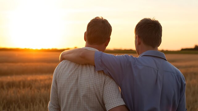 Two men with arms around each other looking at the sunset over a field