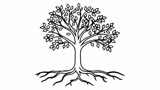 Illustration of a tree with detailed leaves and roots in a minimalist black and white style design element "svg"