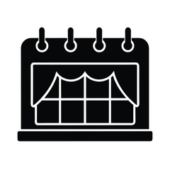 Vector art of black icon of a calendar with a curtain and grid pattern, isolated