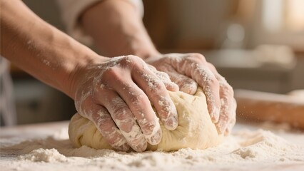 Hands Kneading Dough on a Floured Surface