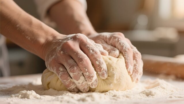Hands Kneading Dough on a Floured Surface