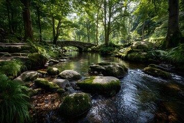 Brook flowing over vibrant mossy rocks beneath soft dappled sunlight with rustic stone footbridge.