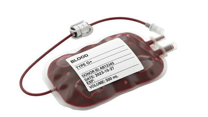 Blood Donation Bag with Tubing and Label  isolated transparent background O+ Blood Type Donor Pack Mockup 