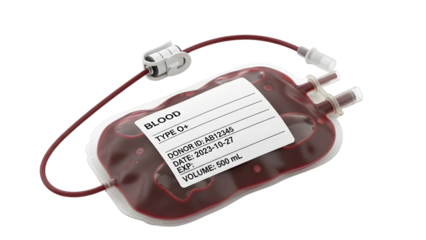 Blood Donation Bag with Tubing and Label  isolated transparent background O+ Blood Type Donor Pack Mockup 