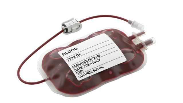 Blood Donation Bag with Tubing and Label  isolated transparent background O+ Blood Type Donor Pack Mockup 