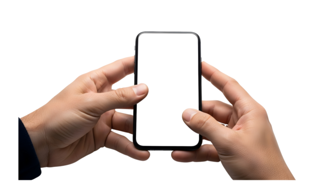 straight view  Hands Holding Smartphone with Blank Screen Two-Hand Phone Hold  Mockup with Empty Display isolated transparent background  - Powered by Adobe