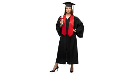 A woman standing with a hand on her hip, one leg bent to the side, holding a degree in her hand isolated transparent background   female graduate in black gown with red stole 