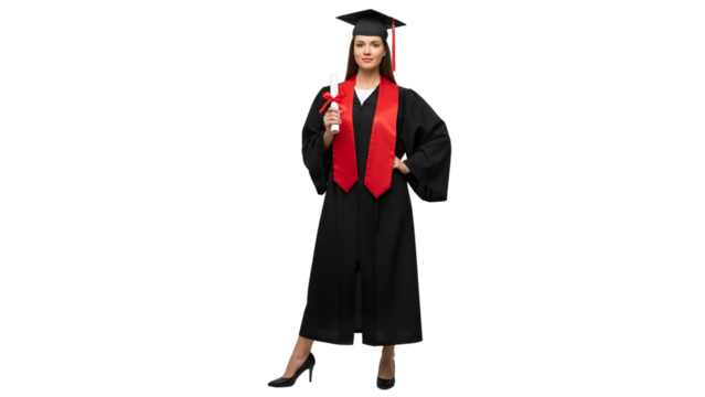 A woman standing with a hand on her hip, one leg bent to the side, holding a degree in her hand isolated transparent background   female graduate in black gown with red stole 