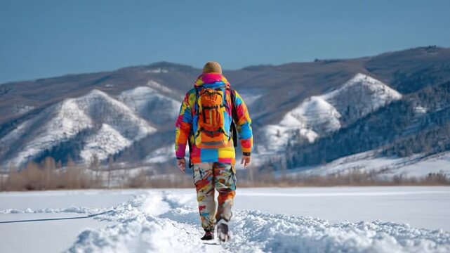 Winter Explorer: An individual with a colorful coat walks resolutely across a snow-covered landscape with mountain ranges in the distance.
