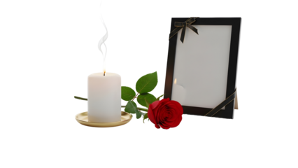 Sympathy Tribute with Burning Candle, Fresh Rose and Empty Picture Frame isolated transparent background  Condolence Concept