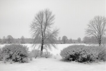 Obraz premium Snow-covered landscape with bare trees and shrubs under a gray sky