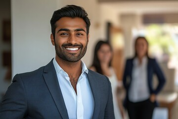 Fototapeta premium Indian realtor in formal suit smiles confidently while showcasing property to potential clients