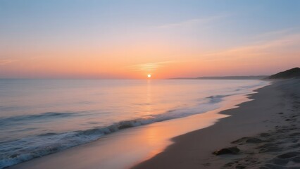 Fototapeta premium Sunset Over the Ocean with Gentle Waves Lapping at the Sandy Shore