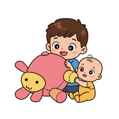 Cute cartoon illustration of an older brother and baby sibling happily playing with a large pink stuffed animal.