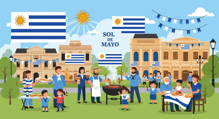 Illustration of a "Sol de Mayo" celebration with people grilling, eating, and displaying Uruguayan flags in front of buildings.