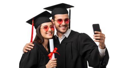 boy and girl taking selfie with sunglasses after Graduate isolated on transparent background 