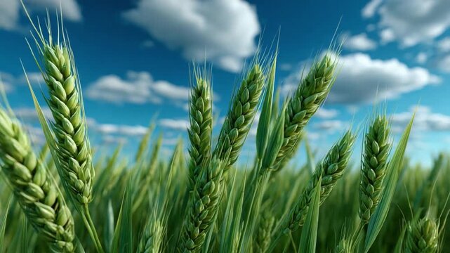 Vibrant Wheat Field under a Cloudy Sky: Lush green wheat stalks sway gently in the wind beneath a clear, sunny sky adorned with fluffy white clouds. An ode to nature's beauty.