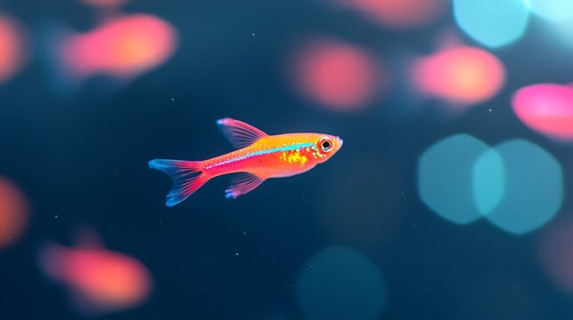 Vibrant glowfish swimming in bokeh lights underwater