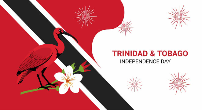 Trinidad & Tobago Independence Day illustration featuring a scarlet ibis, national flag colors, and celebratory fireworks design.