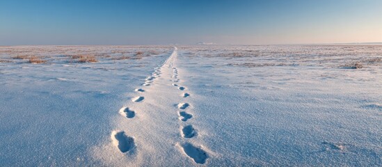 Snowy expanse with clear footprints heading into the distant horizon
