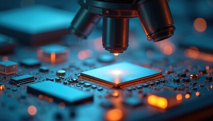 Close-up of silicon wafer under microscope, showing intricate microchip circuits. Advanced semiconductor engineering in fabrication process with photolithography, etching. High technology, futuristic