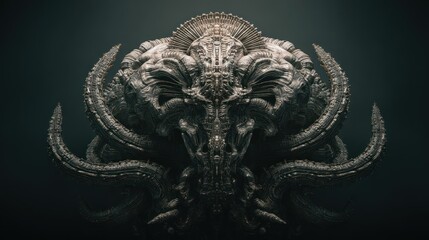 Ornate, multifaceted,  sculptural head, with intricate details and flowing forms.  A dark, mysterious composition
