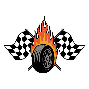 Racing Tire with Flames and Checkered Flags Illustration