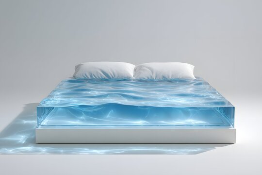 Sleek inflatable waterbed in a modern, illuminated bedroom with reflective surfaces.