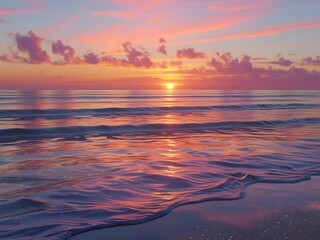 Fototapeta premium Vibrant sunset over the ocean with reflective waves