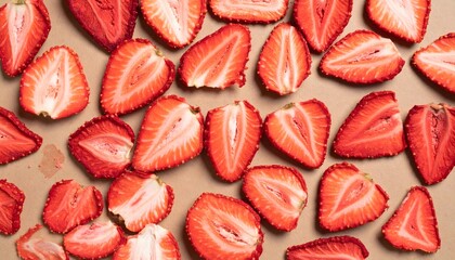 Deconstructed dehydrated strawberries arranged in a pattern with texture and shadows.

