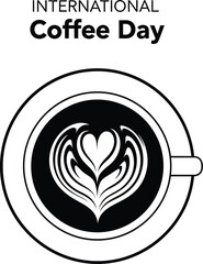 International coffee day illustration with a cup of coffee and latte art, celebrating the global love for coffee