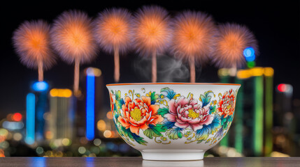Porcelain teacup with peony motifs, steam rising as bokeh lights mimic festive fireworks.