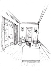 Black and white hand drawn sketch of a home office.