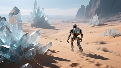 Astronaut explores a desert landscape with large crystalline formations under a clear sky.