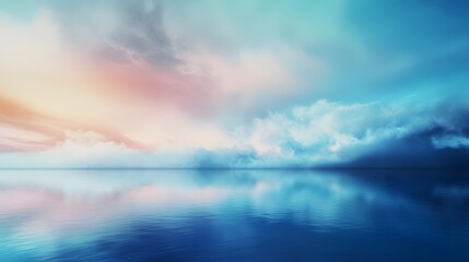 Obraz premium A serene vista of a calm sea reflecting a dreamlike sky filled with pastel clouds.