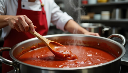 Fototapeta premium Chef stirring large pot of tomato sauce in professional kitchen with copy space for culinary arts