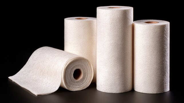 High definition photo of disposable synthetic non- woven cleaning cloths in a roll, on a black background.