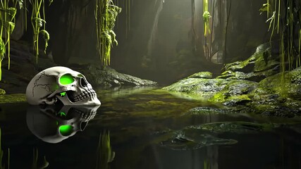 A mysterious skull with glowing green eyes rests in a serene, moss-covered swamp, surrounded by lush vegetation - Powered by Adobe