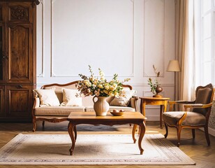 vintage living room with pot of flower, plant, wooden 